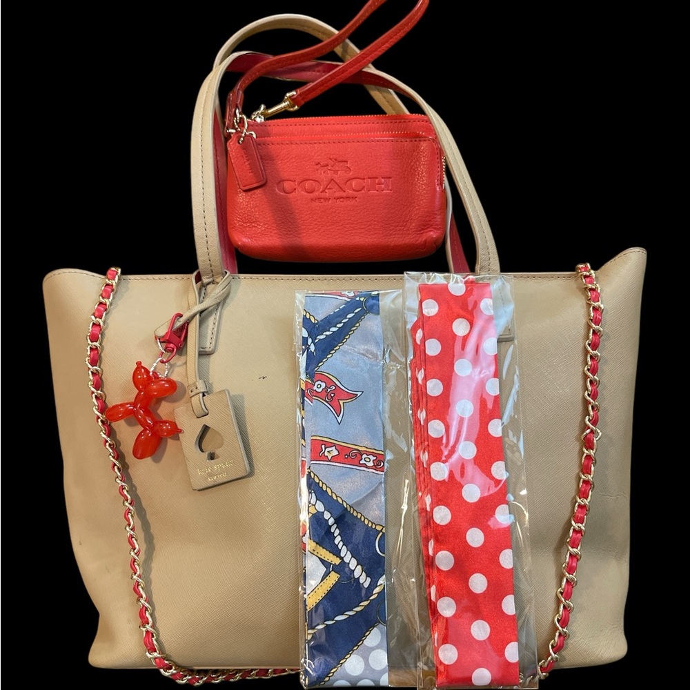 Kate Spade Tan & Red Tote, Coach Wallet, Twillies, Keychain, Xbody Chain & Dusty